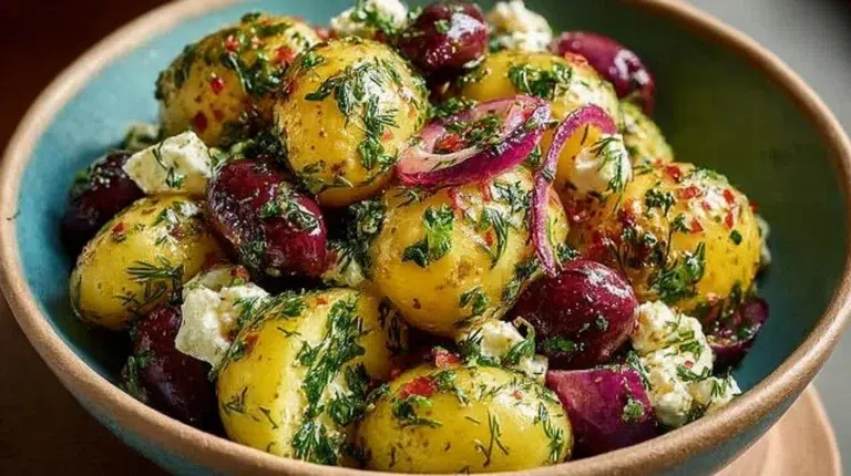 Bowl of Mediterranean potato salad with olives, tomatoes, and herbs