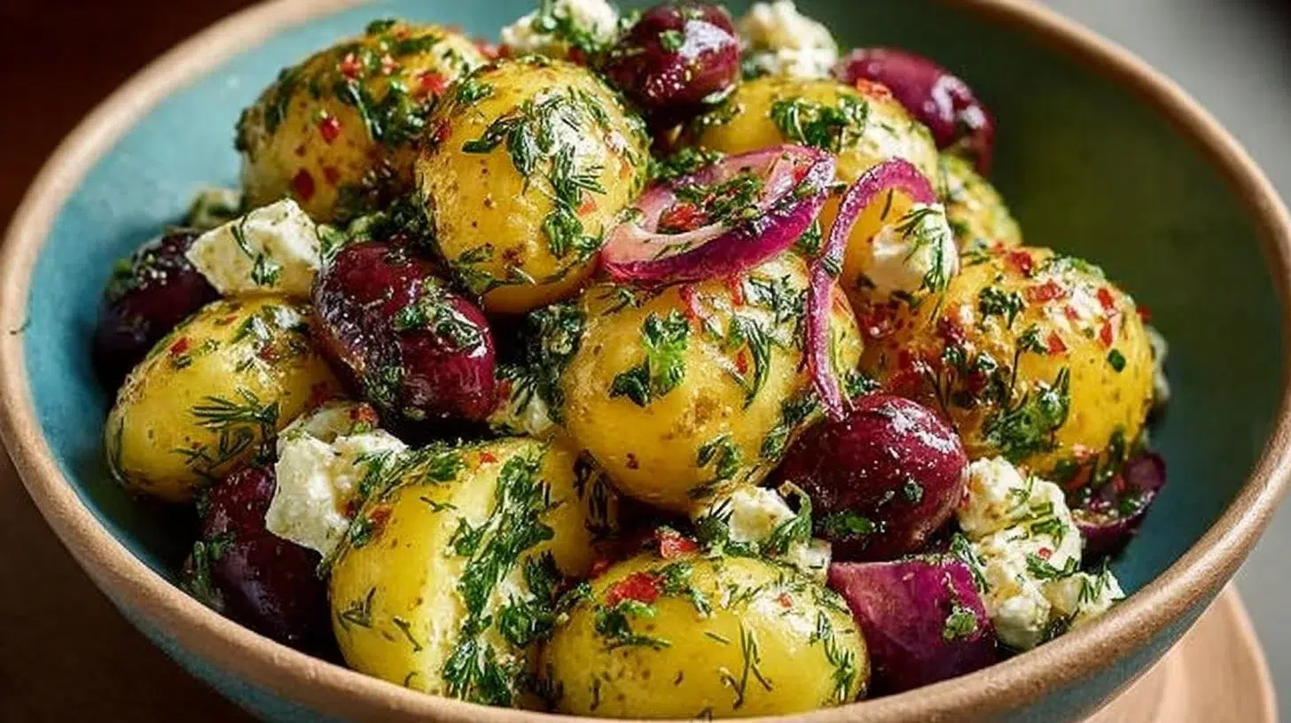 Bowl of Mediterranean potato salad with olives, tomatoes, and herbs