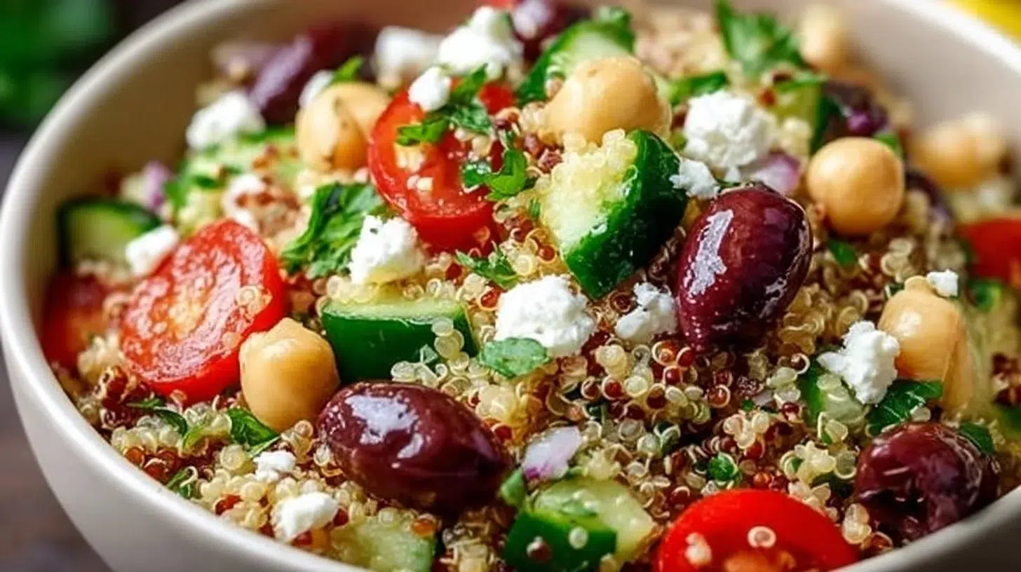 Bowl of Mediterranean Quinoa Salad with fresh vegetables and herbs
