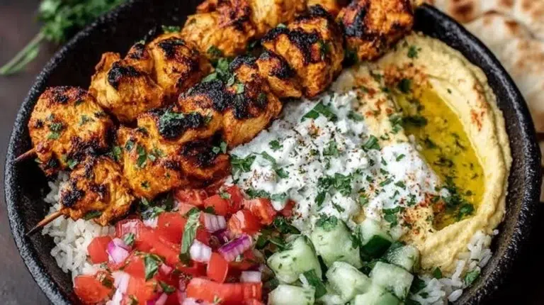 Mediterranean rice bowl topped with grilled chicken tawook skewers