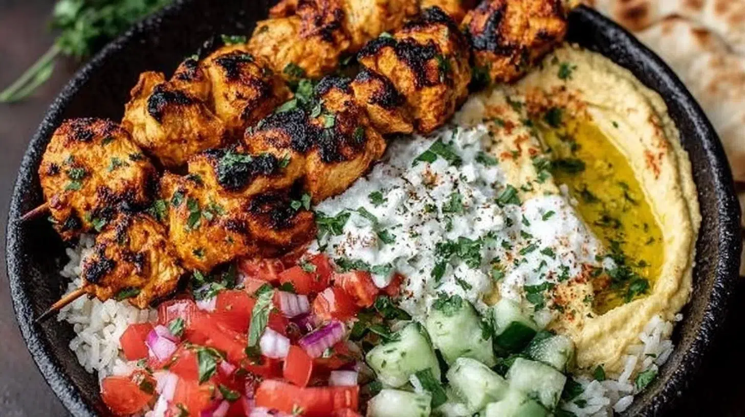 Mediterranean rice bowl topped with grilled chicken tawook skewers