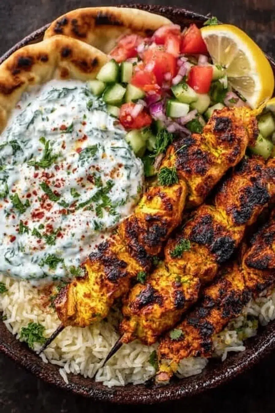 Mediterranean Rice Bowl with Grilled Chicken Tawook Skewers