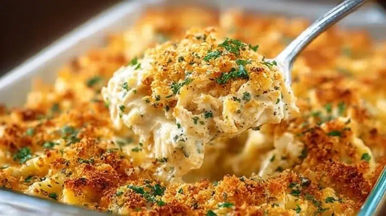 Delicious Million-Dollar Chicken Casserole served in a casserole dish