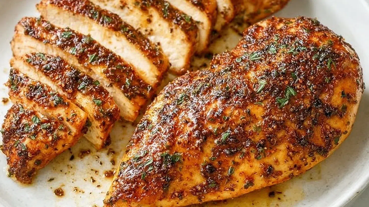 Juicy baked chicken breast served with vegetables for dinner