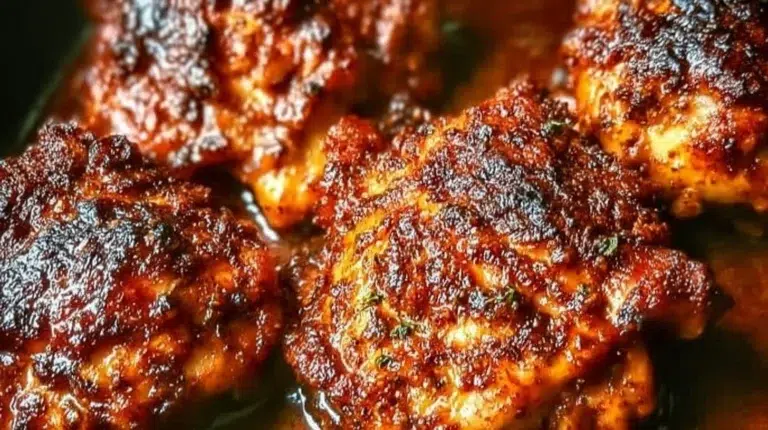 Oven-baked boneless skinless chicken thighs on a plate with herbs