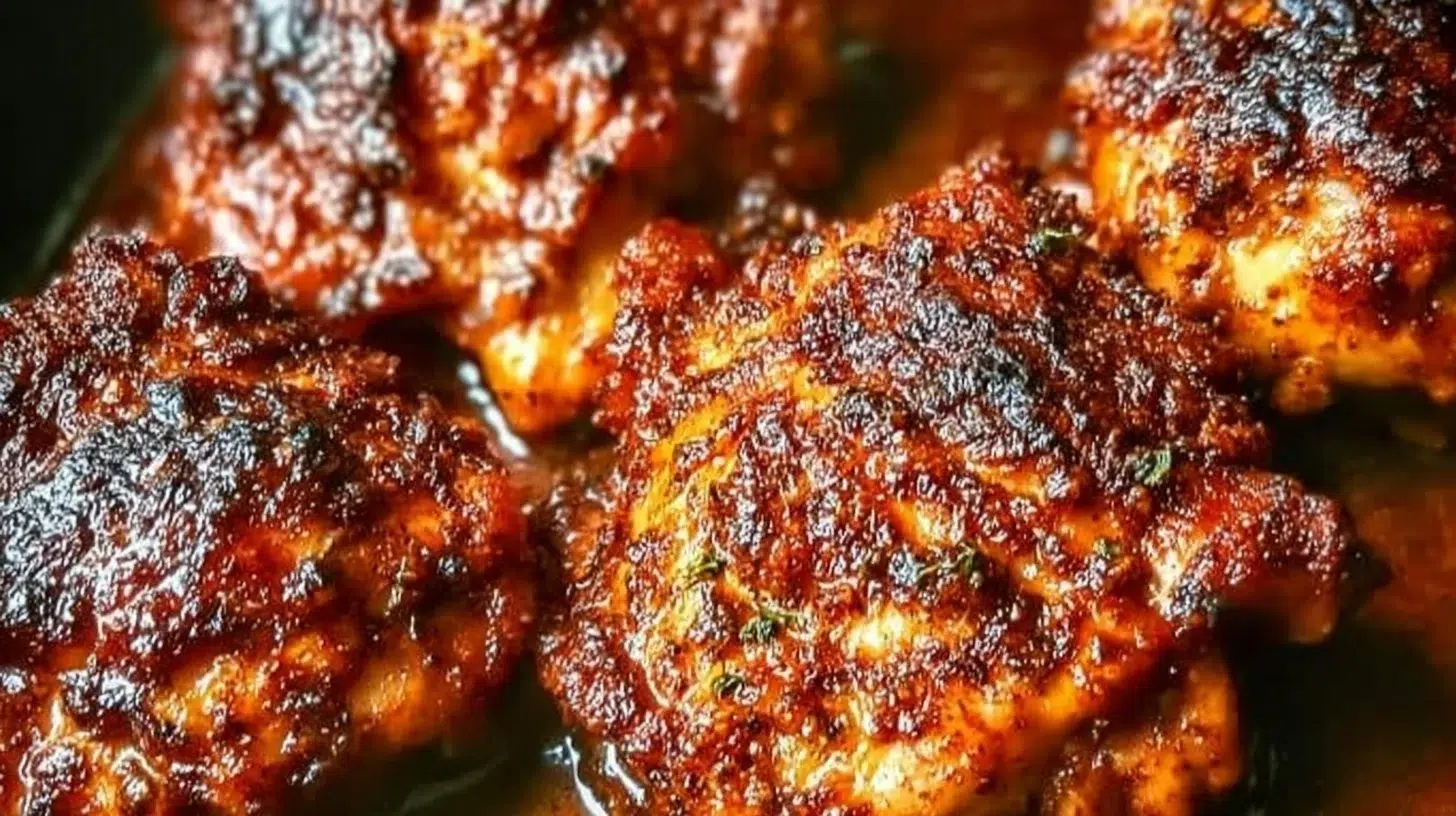 Oven-baked boneless skinless chicken thighs on a plate with herbs