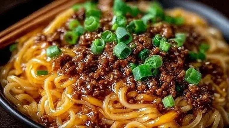 Mongolian-style ground beef noodles served in a bowl, garnished with scallions.