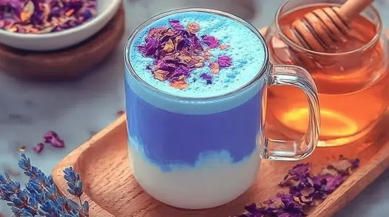 A cup of Moon Milk Tea garnished with herbs, showcasing its unique colors and ingredients.