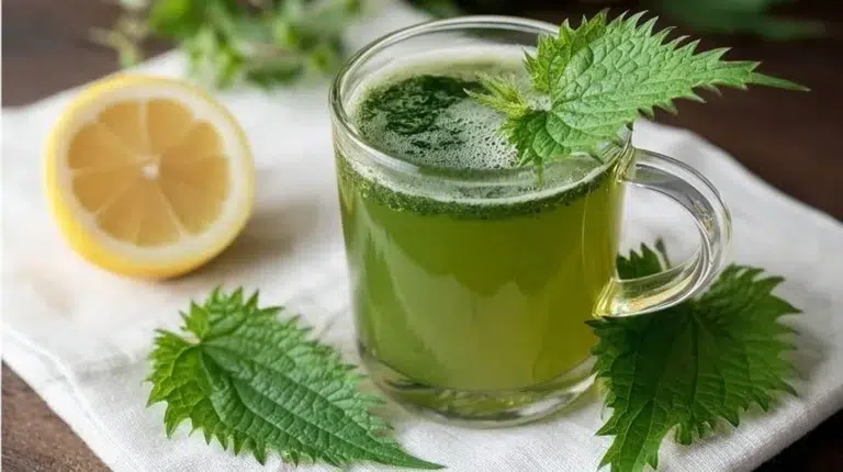 A cup of Nettle Leaf Energy Tea surrounded by fresh nettle leaves.