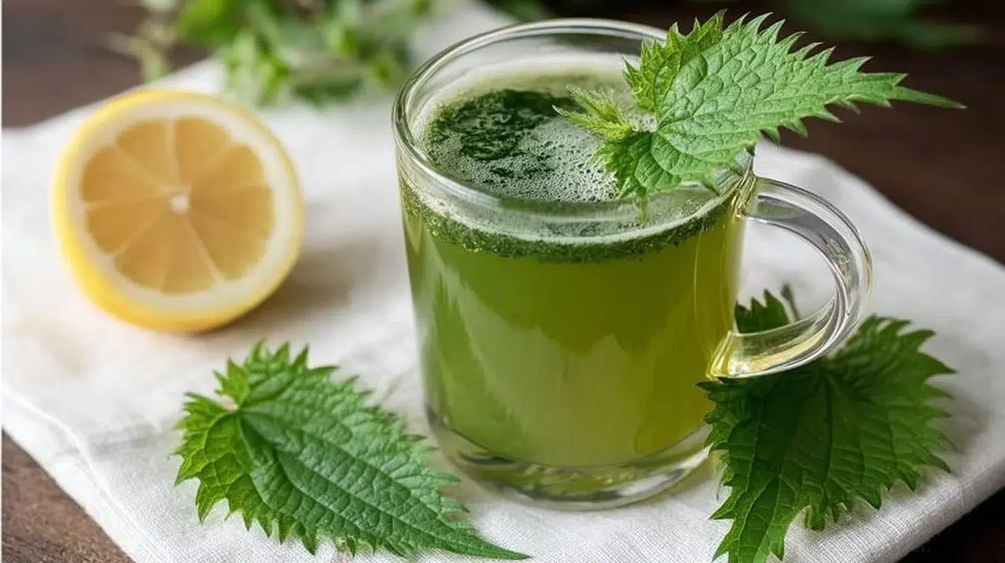 A cup of Nettle Leaf Energy Tea surrounded by fresh nettle leaves.