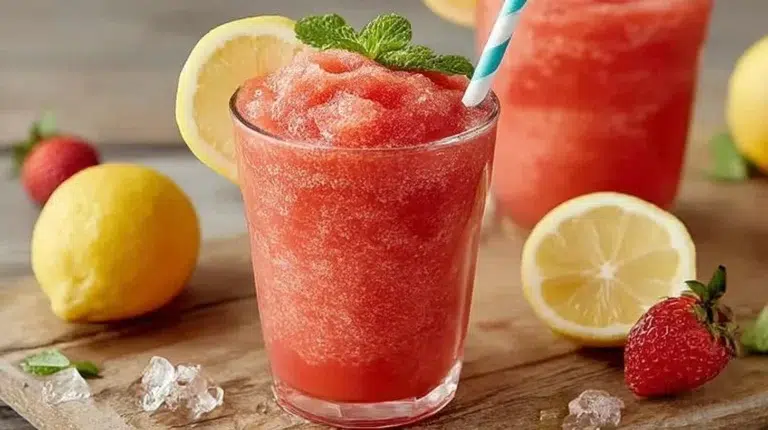 Ninja Slushi Strawberry Lemonade in a colorful cup with strawberries and lemons