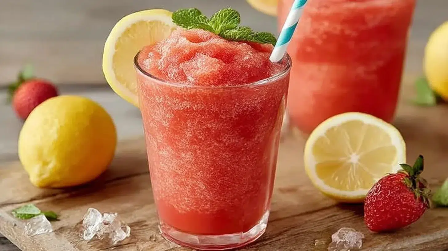 Ninja Slushi Strawberry Lemonade in a colorful cup with strawberries and lemons