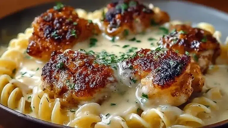 One-pan caramelized chicken thighs with creamy Alfredo pasta dish