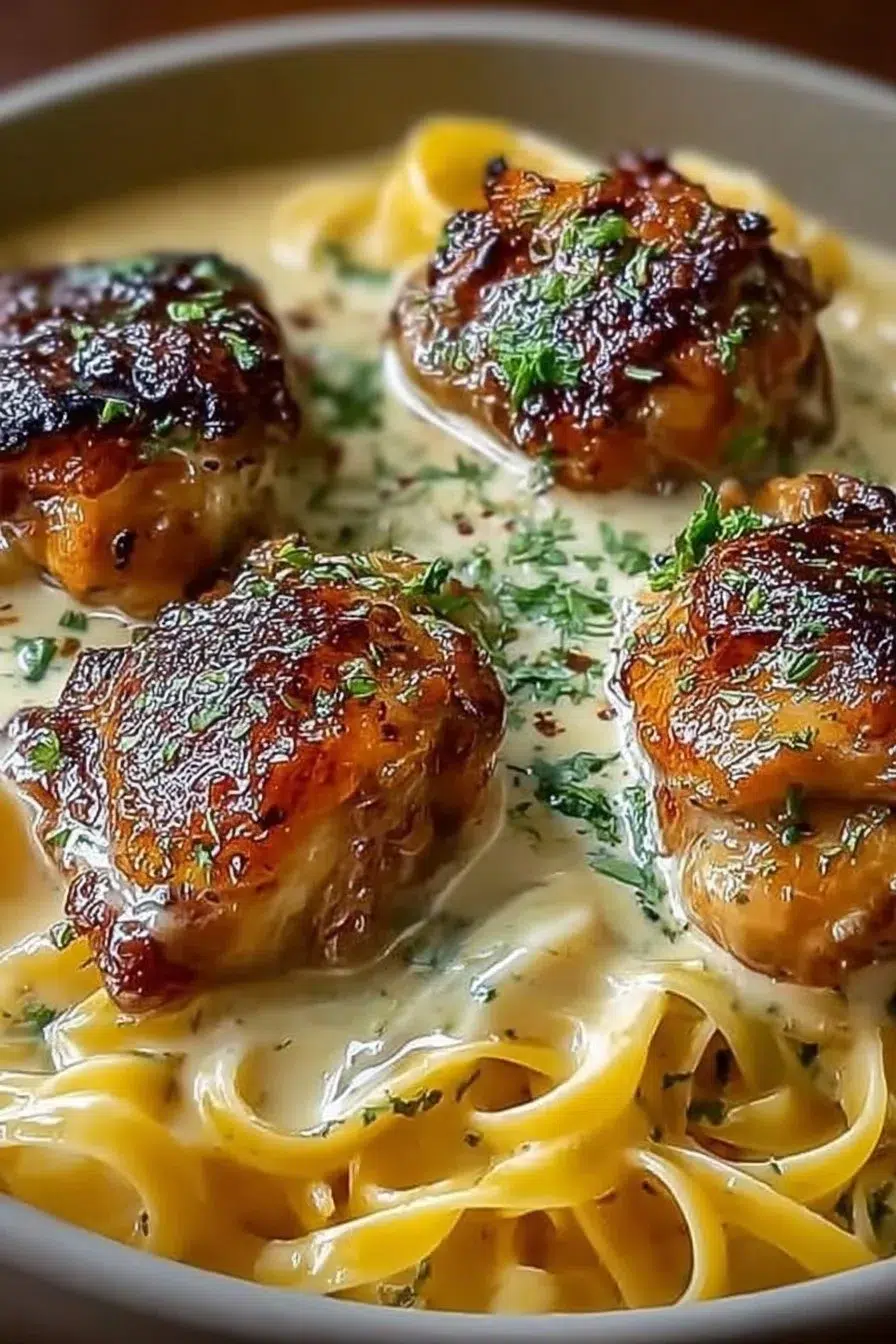 Easy Caramelized Chicken Thighs with Creamy Alfredo Pasta