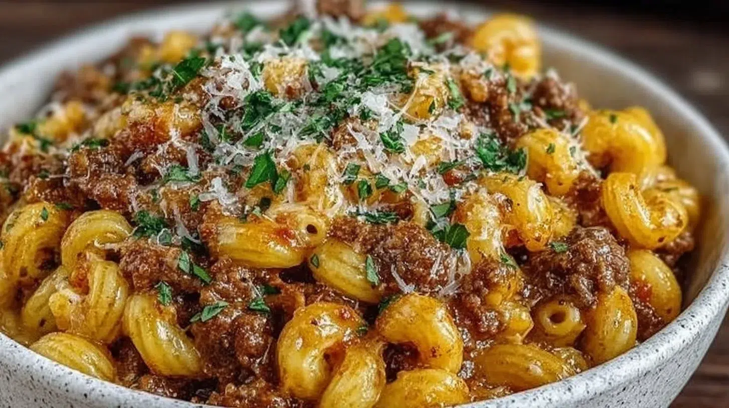 One-Pan Cheeseburger Macaroni in a skillet with cheese and ground beef