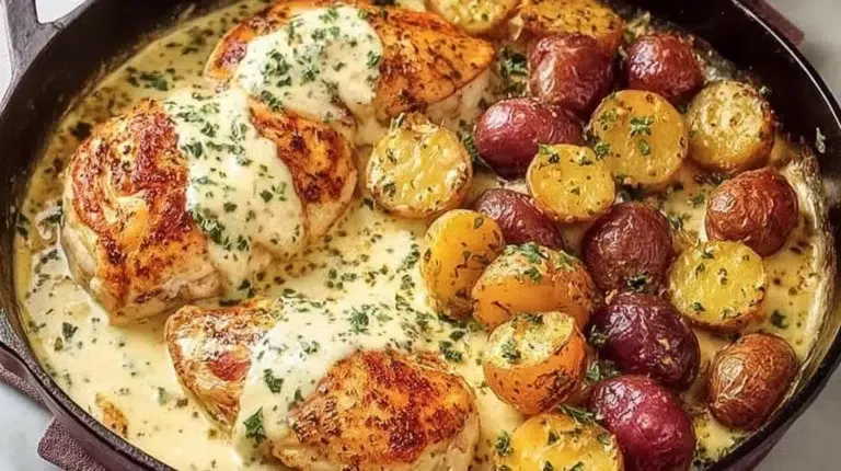 One Pan Chicken and Potatoes in Creamy Dijon Sauce served in a skillet