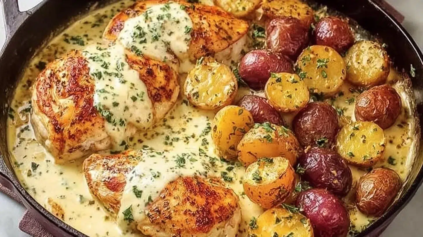 One Pan Chicken and Potatoes in Creamy Dijon Sauce served in a skillet