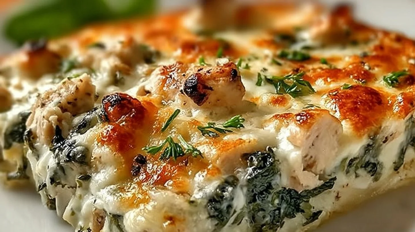 One-Pan Creamy Chicken Spinach Casserole featuring cream cheese and leafy greens