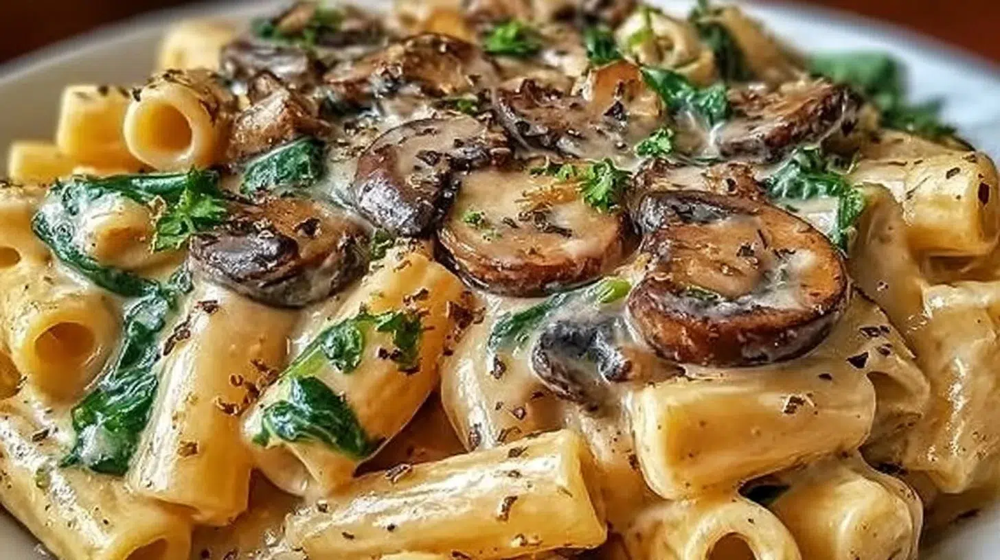 Creamy Tuscan mushroom pasta in a skillet, garnished with fresh herbs.