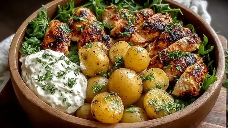 One-Pan Mediterranean Chicken and Potatoes Bowl served on a white plate