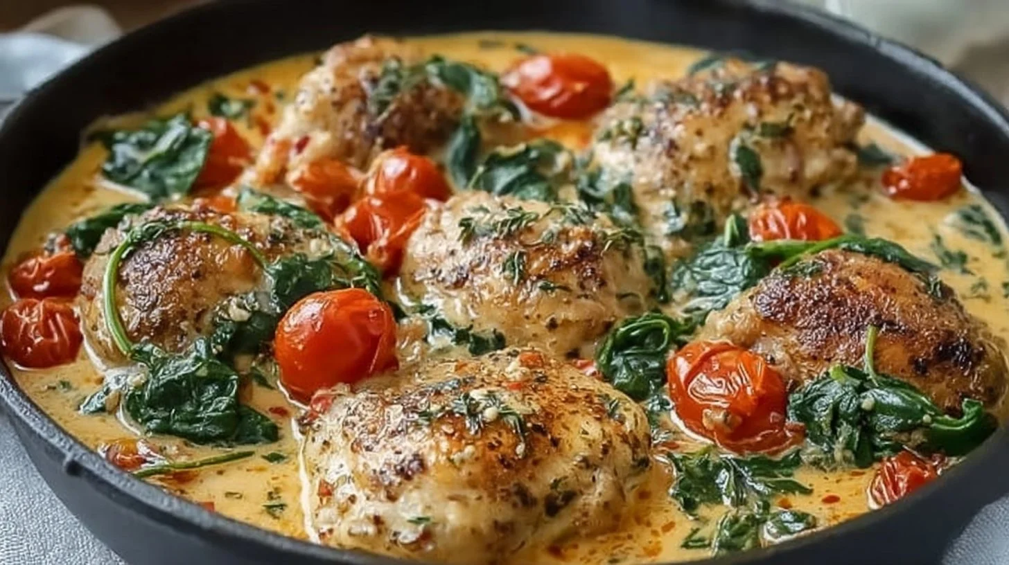 Delicious one-pan Tuscan chicken thighs skillet dinner with vibrant veggies.