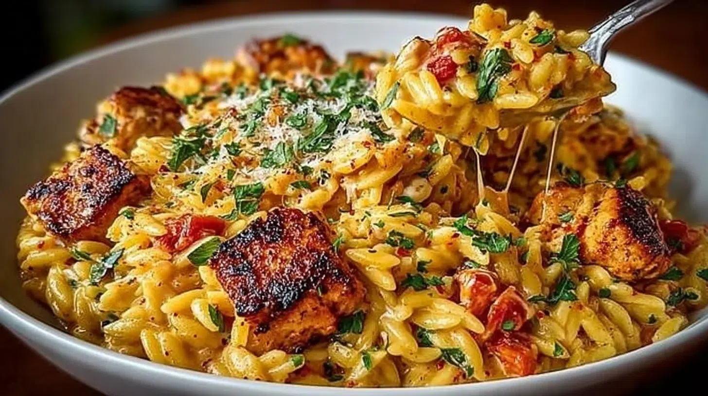 Creamy One Pot Cajun Chicken Alfredo Orzo dish with spices and chicken