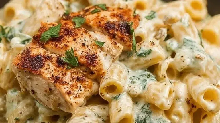 One Pot Chicken Caesar Pasta served in a bowl with Caesar dressing and chicken pieces
