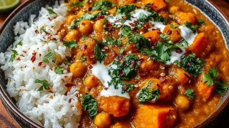 One-pot creamy sweet potato and chickpea curry in a bowl