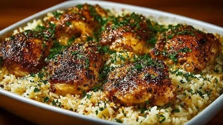 Delicious oven-baked chicken served with rice on a plate.
