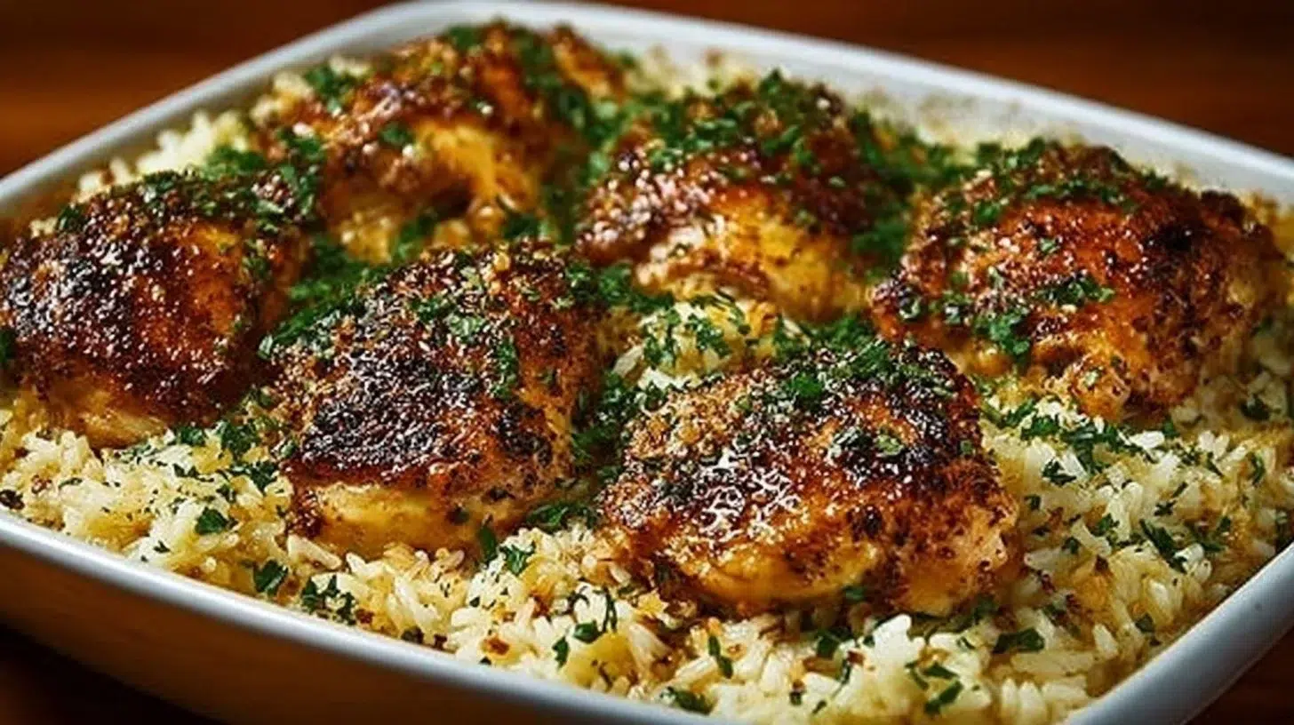 Delicious oven-baked chicken served with rice on a plate.