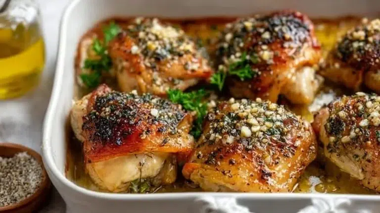 Oven baked garlic butter chicken thighs garnished with herbs