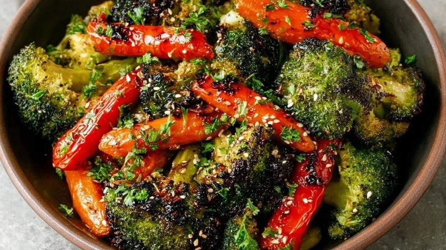 Oven-roasted broccoli and carrots served as a healthy side dish on a dining table.