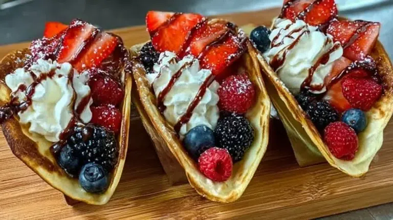 Delicious pancake tacos served with fresh fruit and syrup
