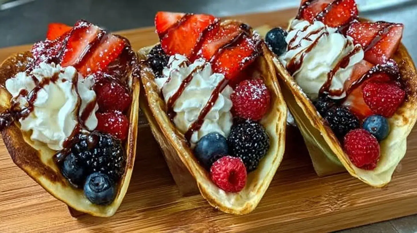Delicious pancake tacos served with fresh fruit and syrup