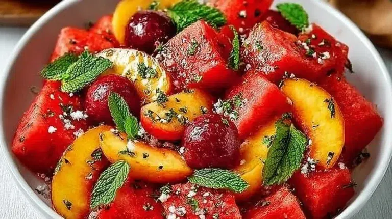 Peach and Watermelon Summer Salad with fresh ingredients in a bowl