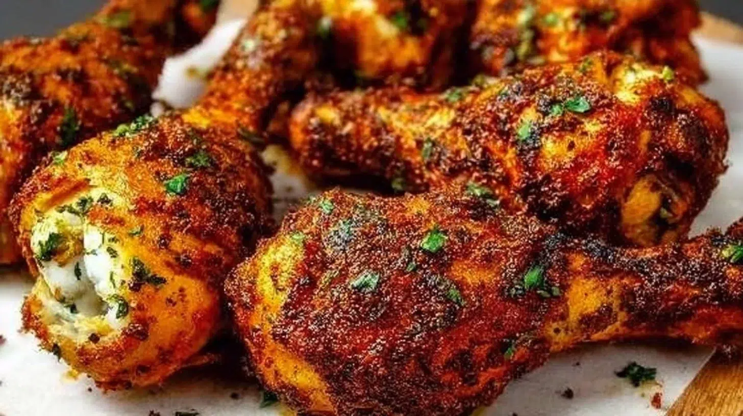 Crispy baked chicken drumsticks fresh out of the oven, ready to serve.