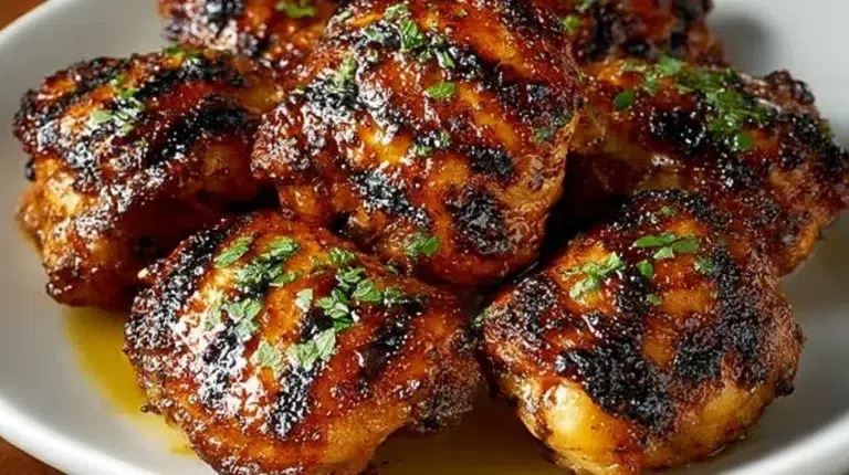 Perfectly grilled chicken thighs on the grill with herbs and spices