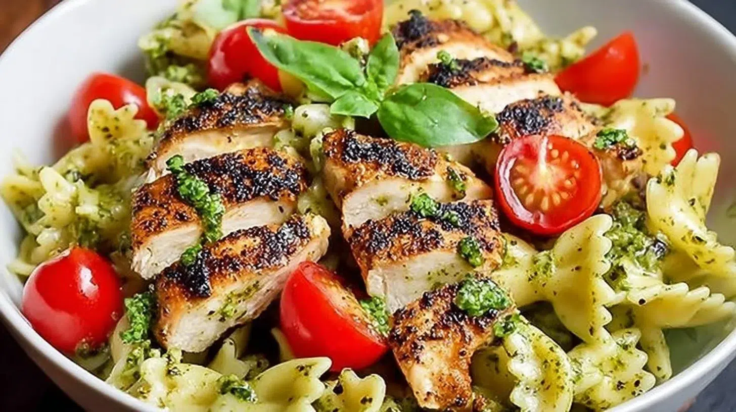 Pesto pasta topped with grilled chicken and fresh basil.
