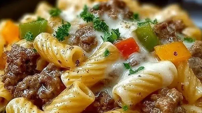 Creamy and hearty Philly Cheesesteak Pasta served in a bowl
