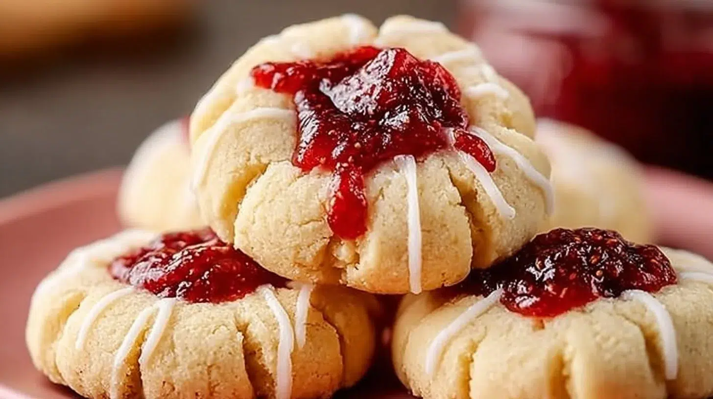 Delicious strawberry rhubarb thumbprint cookies on a baking tray