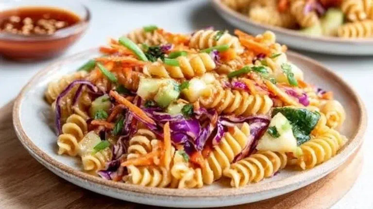 Protein-Packed Thai Pasta Salad garnished with fresh herbs and vegetables