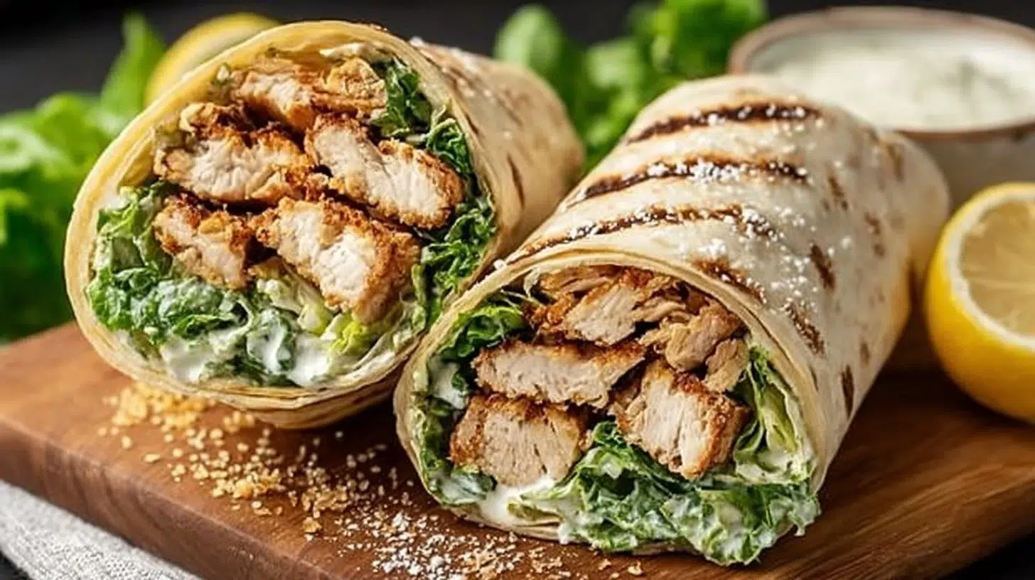 Delicious quick Chicken Caesar Wrap with fresh ingredients and Caesar dressing