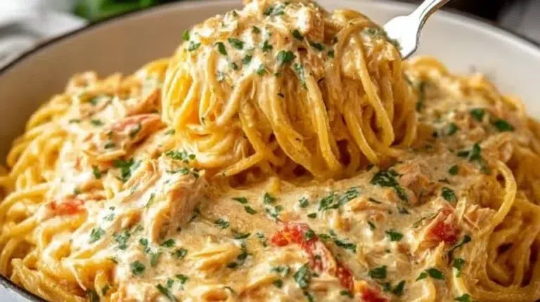 One-pot chicken spaghetti dish served in a bowl with fresh herbs