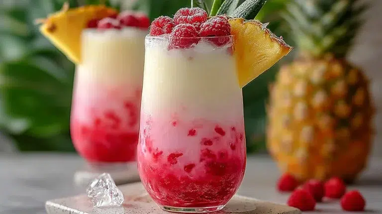 Raspberry Colada Twist cocktail with raspberries and coconut garnish
