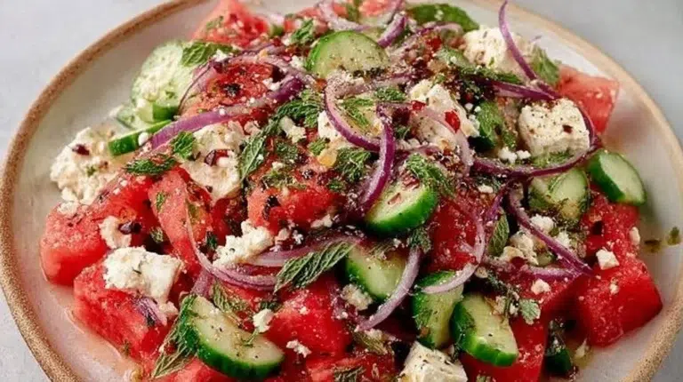 Refreshing feta watermelon cucumber salad with mint, served in a bowl