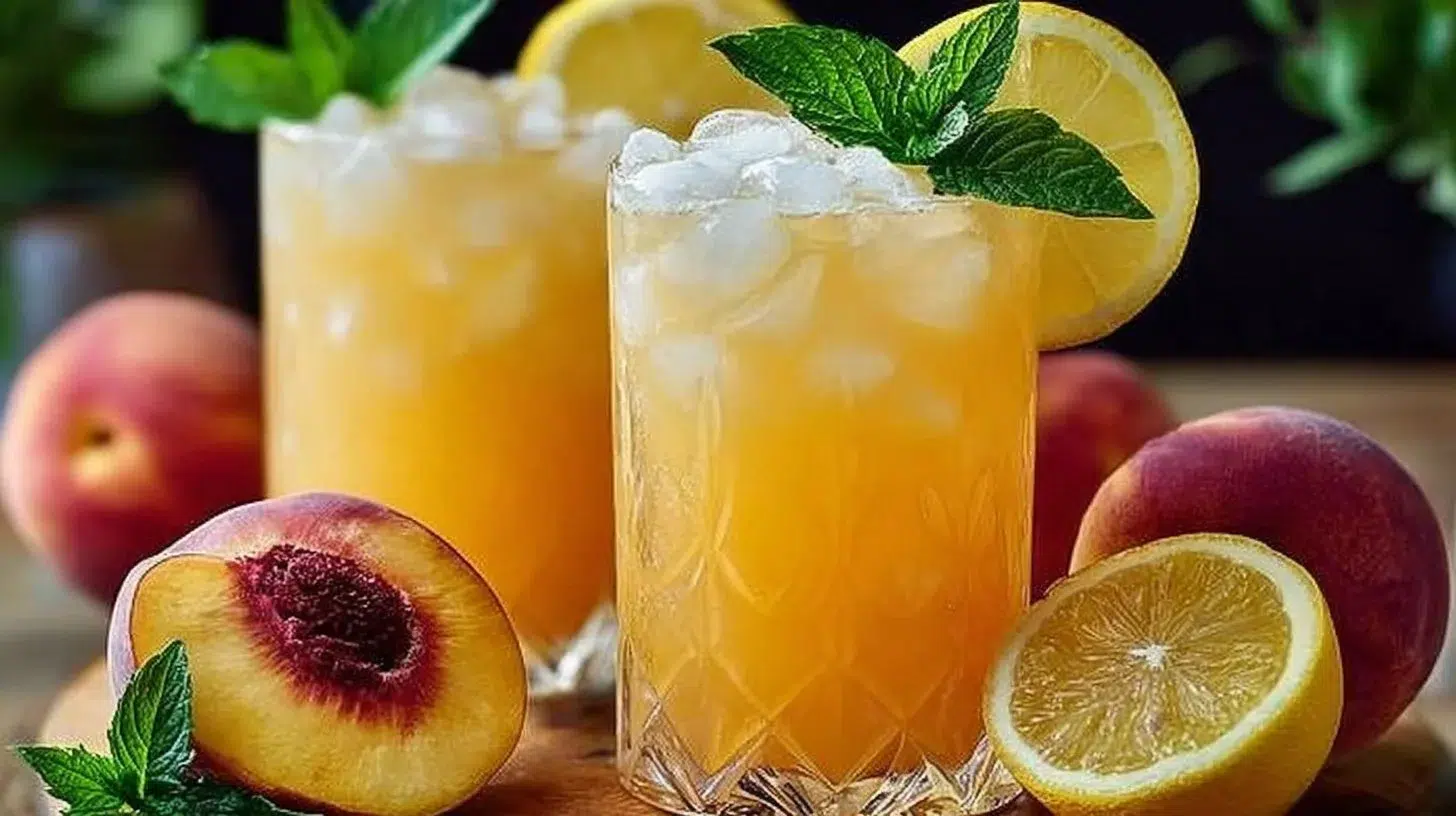 A refreshing glass of peach lemonade garnished with a slice of lemon.