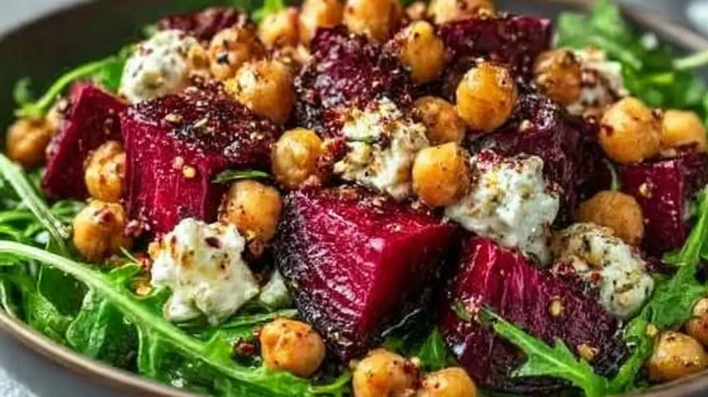 Roasted beet, arugula, and chickpea salad in a bowl garnished with feta cheese.