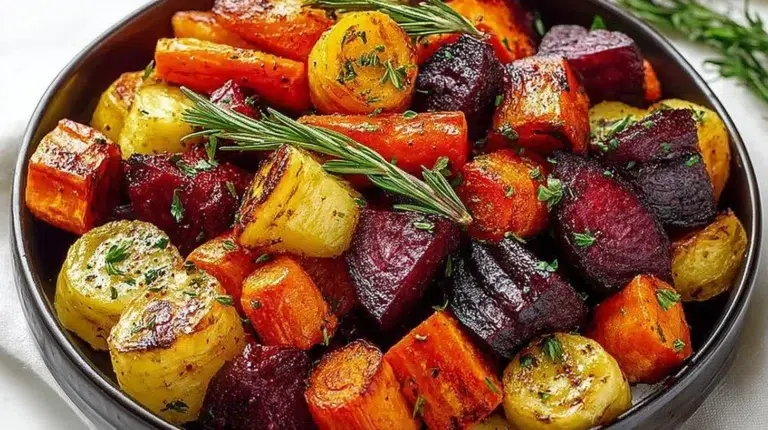 Colorful platter of roasted root vegetables including carrots, beets, and potatoes