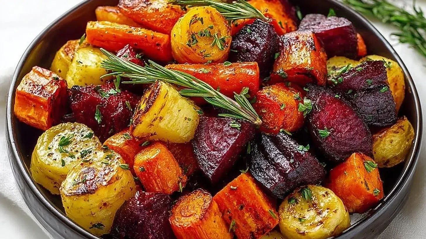 Colorful platter of roasted root vegetables including carrots, beets, and potatoes