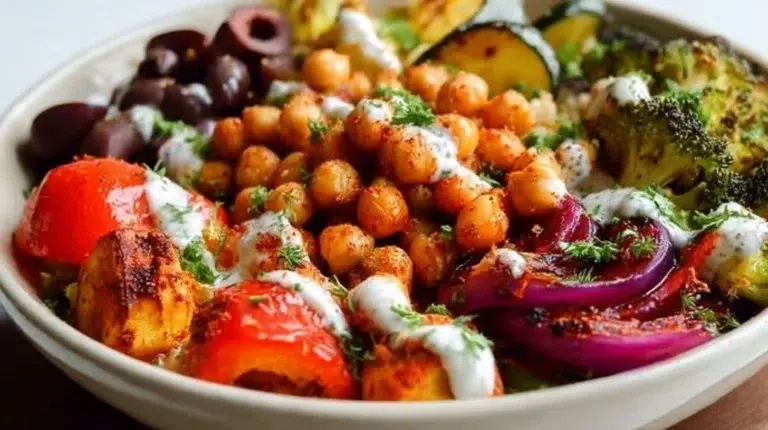 Colorful and nutritious roasted vegetable healthy lunch bowl with fresh greens.
